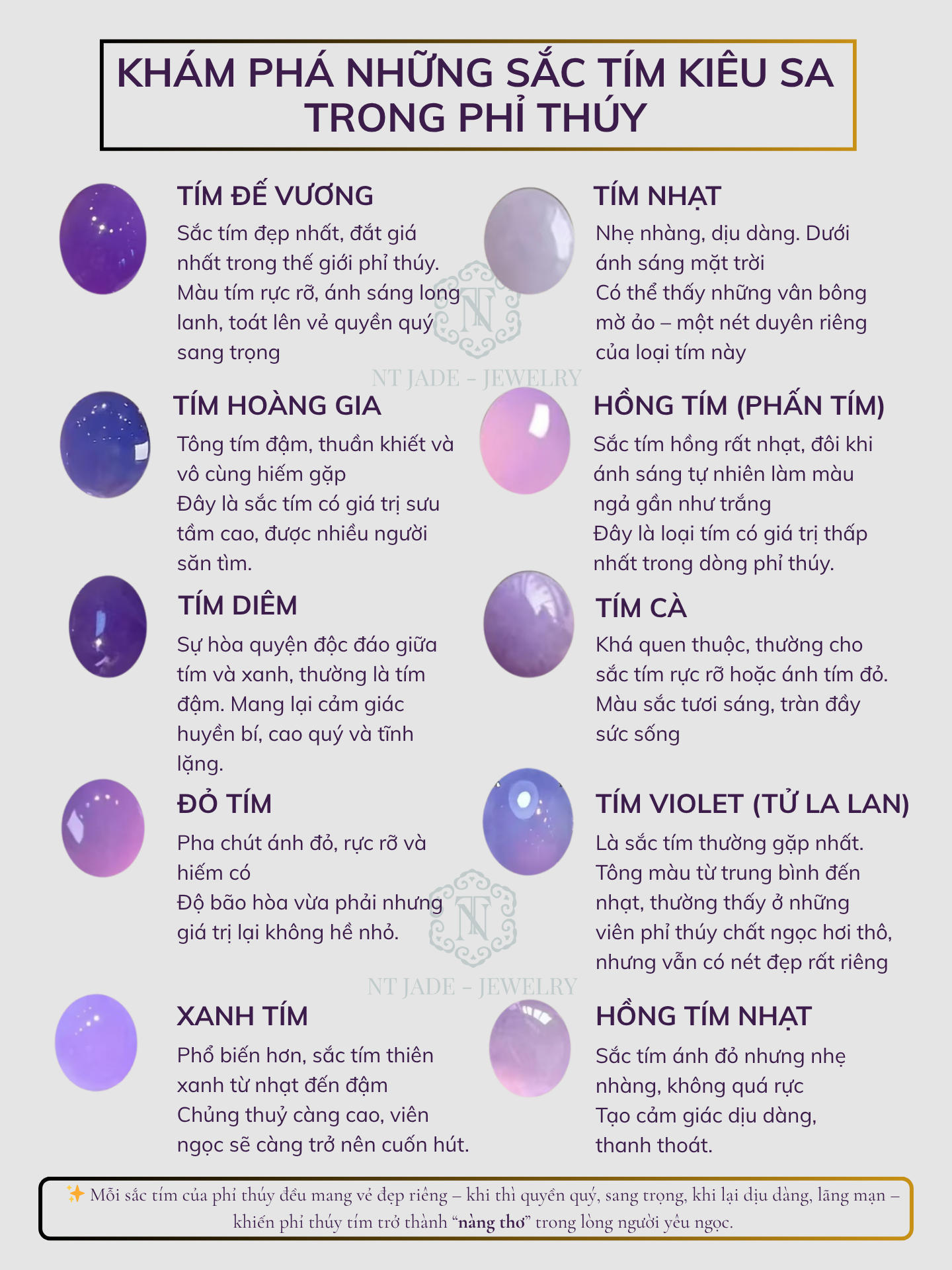 Khám phá 10 sắc tím quý hiếm của ngọc phỉ thúy – từ tím Đế Vương sang trọng đến tím Nhạt dịu dàng. Mỗi sắc ngọc là biểu tượng của vẻ đẹp và đẳng cấp.